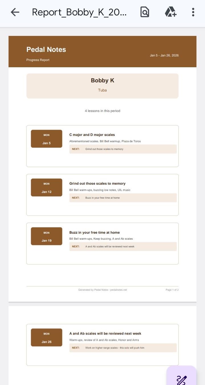 Pedal Notes PDF Report